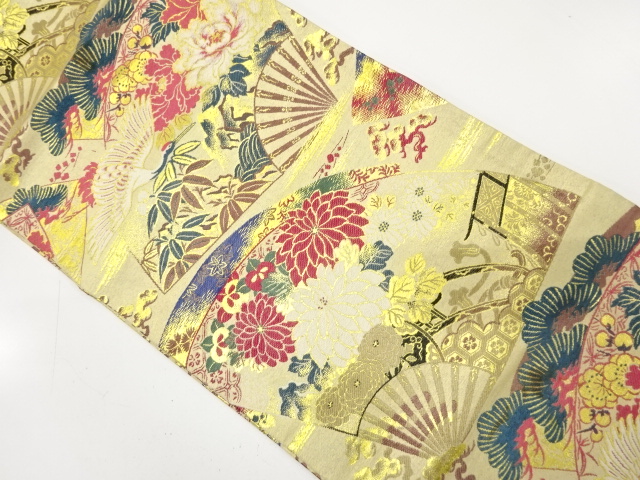 JAPANESE KIMONO / ANTIQUE MARU OBI / WOVEN CRANE & FLORAL CART